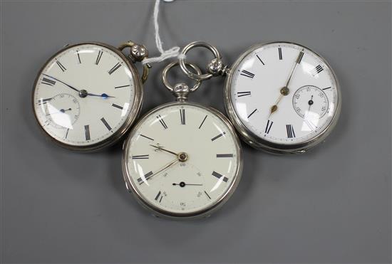 Three assorted Victorian silver open face fusee pocket watches, all with subsidiary seconds.